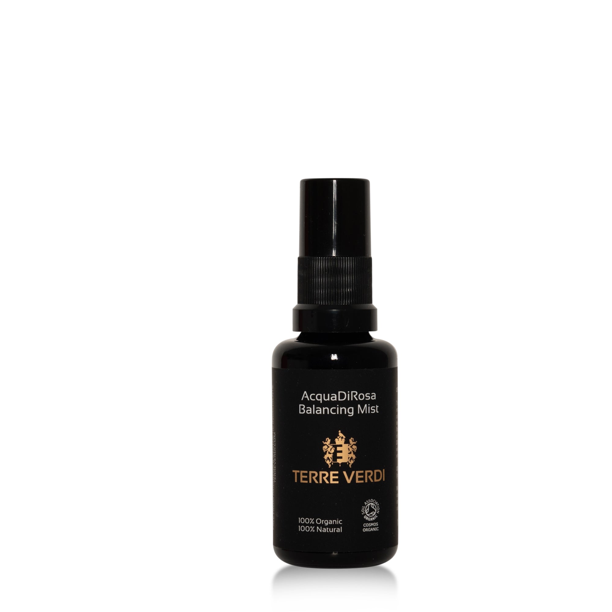 30ml black spray bottle of Acqua di Rosa Balancing Mist with gold text, labeled as 100% organic rose water toner.