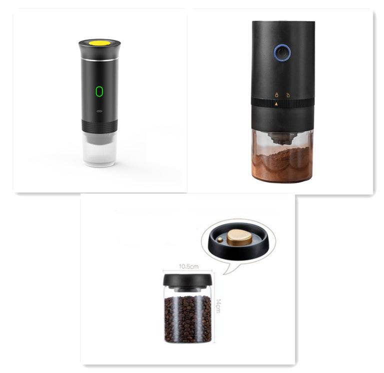 Portable espresso machine in black and white with transparent base; features a yellow power button and coffee chamber.