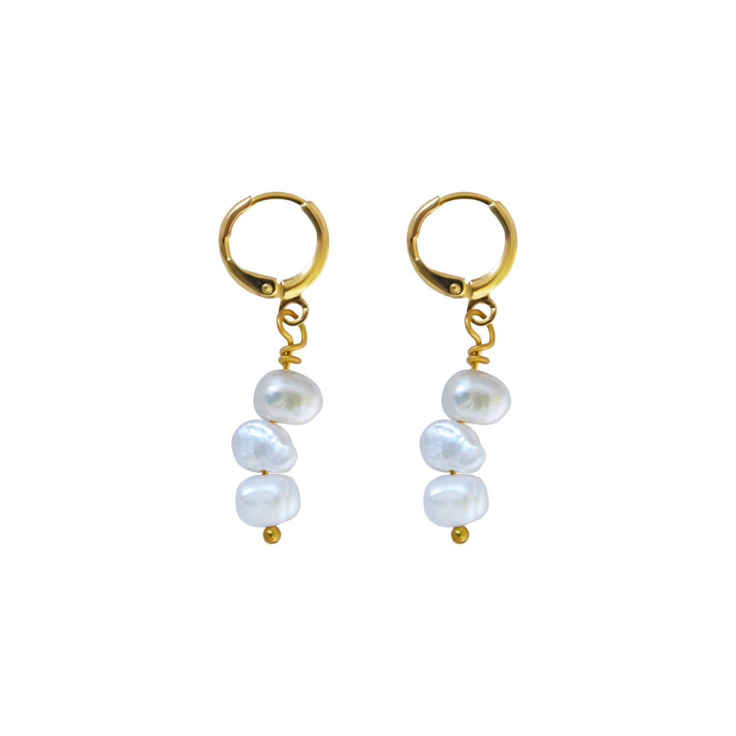 Triple irregular white freshwater pearl earrings with gold-plated brass huggies, hanging below an inch.