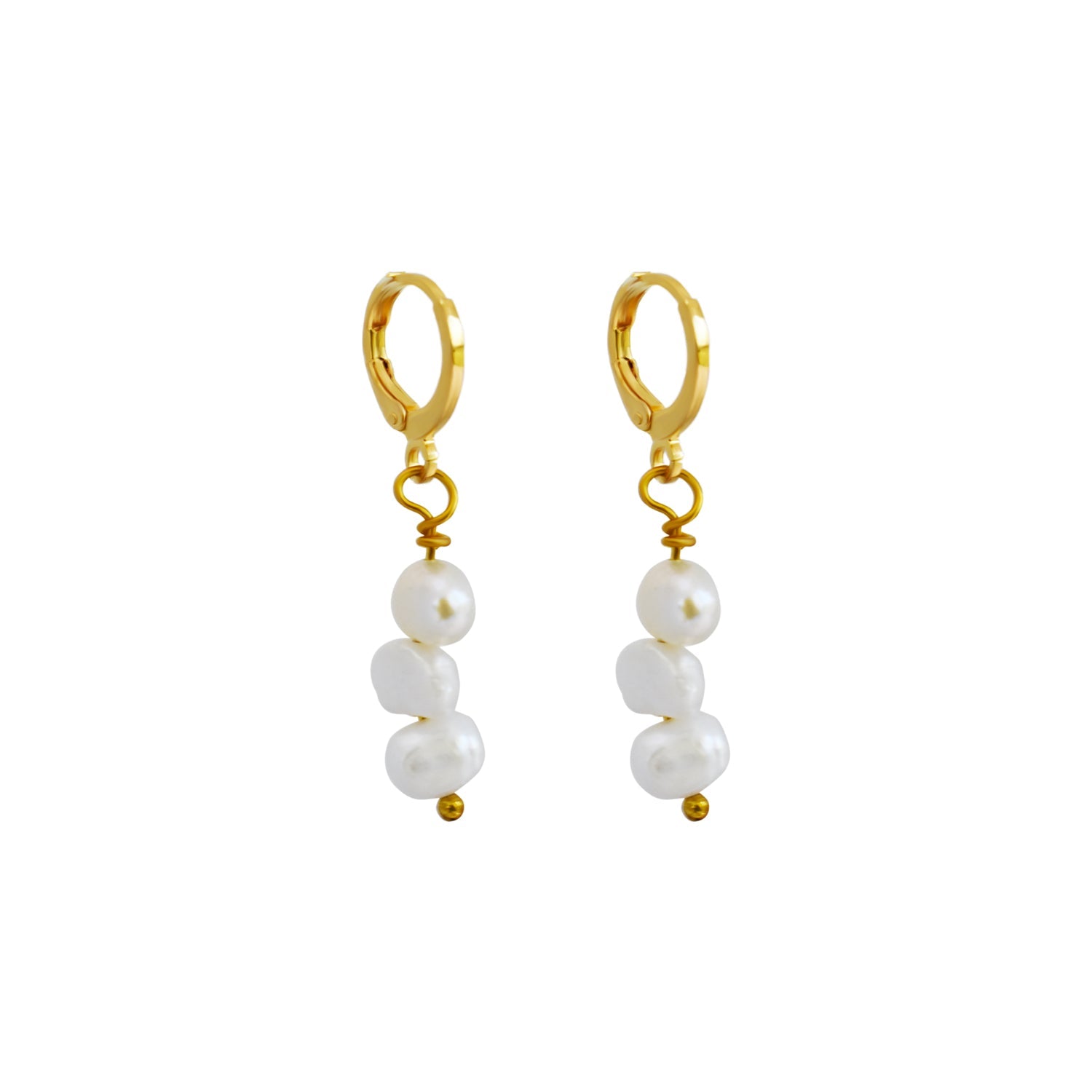 Triple irregular white freshwater pearl earrings with gold plated brass huggies, featuring a delicate dangle design.