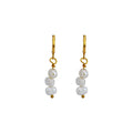 Triple irregular white freshwater pearl earrings with gold-plated brass huggies, each hanging less than an inch.