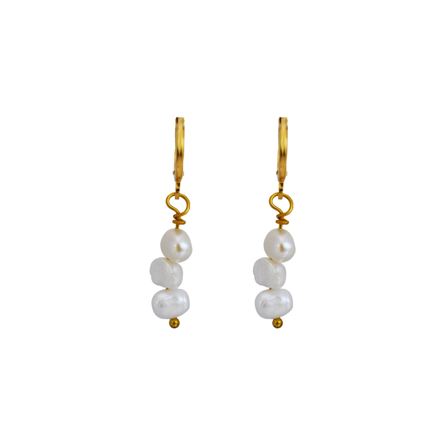 Triple irregular white freshwater pearl earrings with gold-plated brass huggies, each hanging less than an inch.